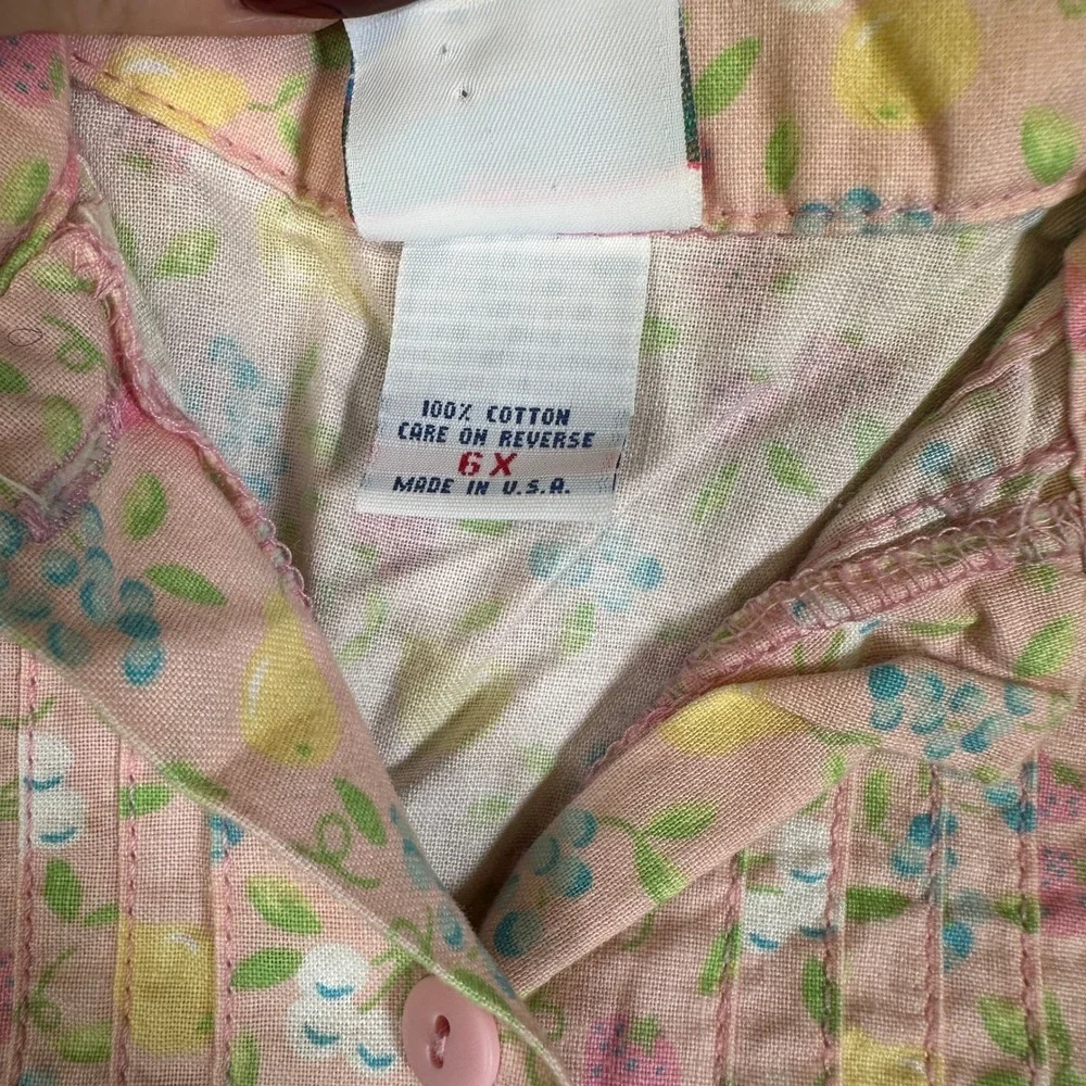 Vintage OshKosh Bgosh Girls Pink Floral Fruit Pintuck Cotton Dress Size 6X USA